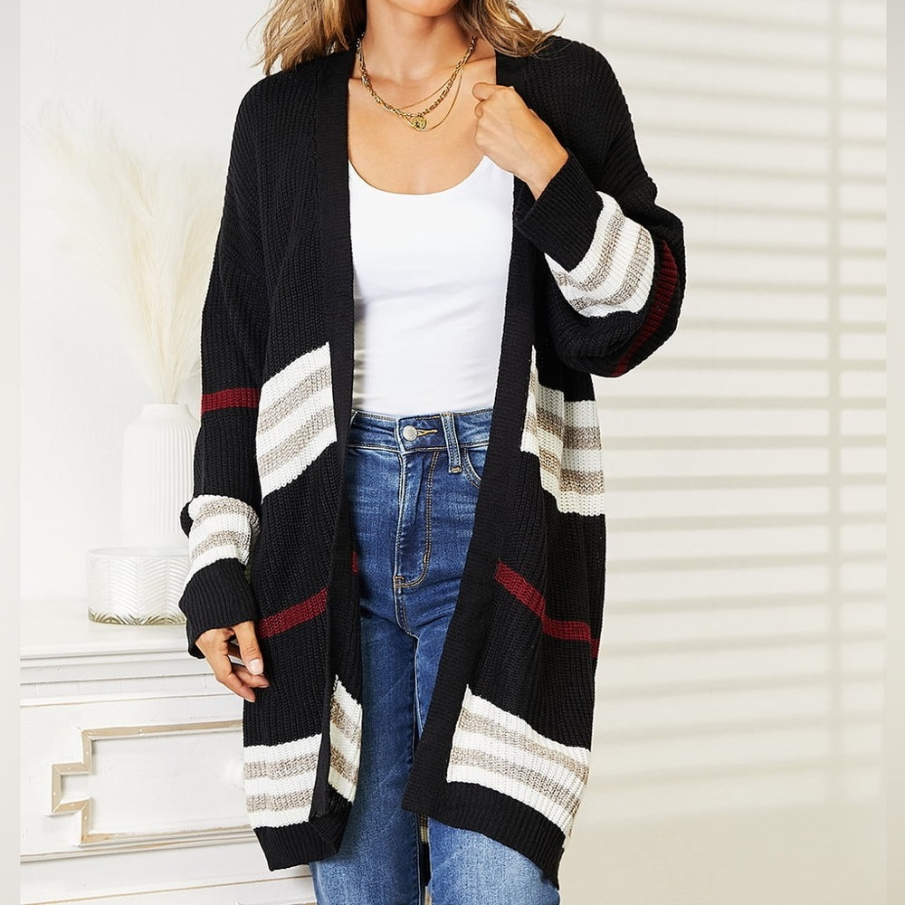 NEW Double Take Preppy Striped Ribbed Knit Open Front Cardigan Sweater